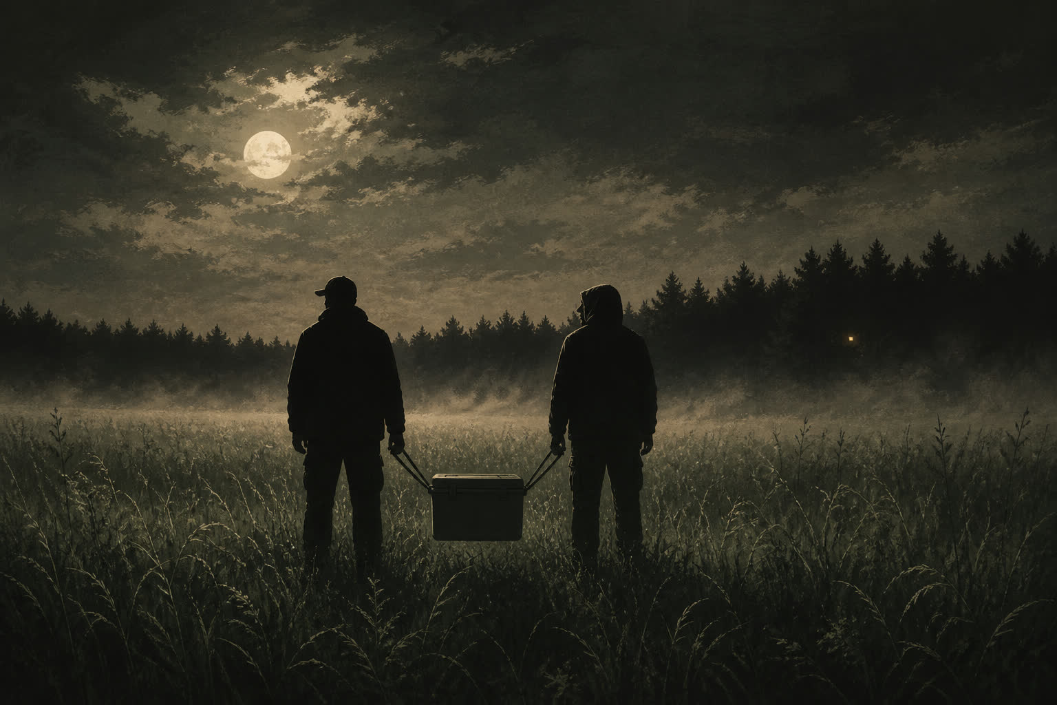 Two silhouetted figures carrying a hard-sided cooler across a moonlit field at night.
