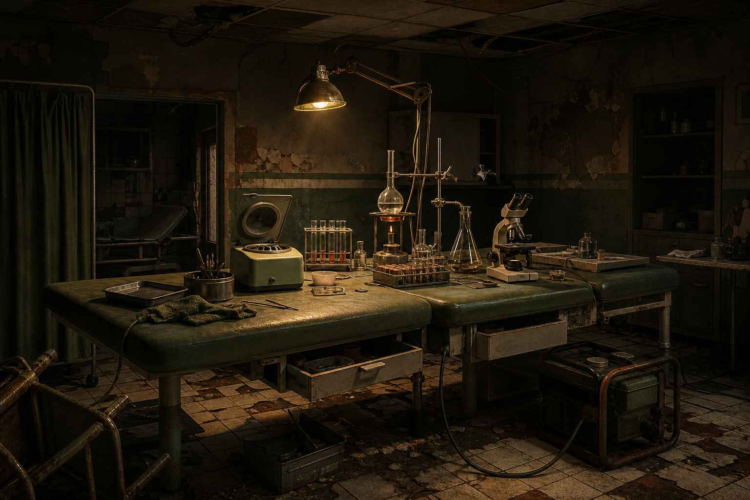 An improvised field laboratory set up on pushed-together exam tables inside a looted clinic.