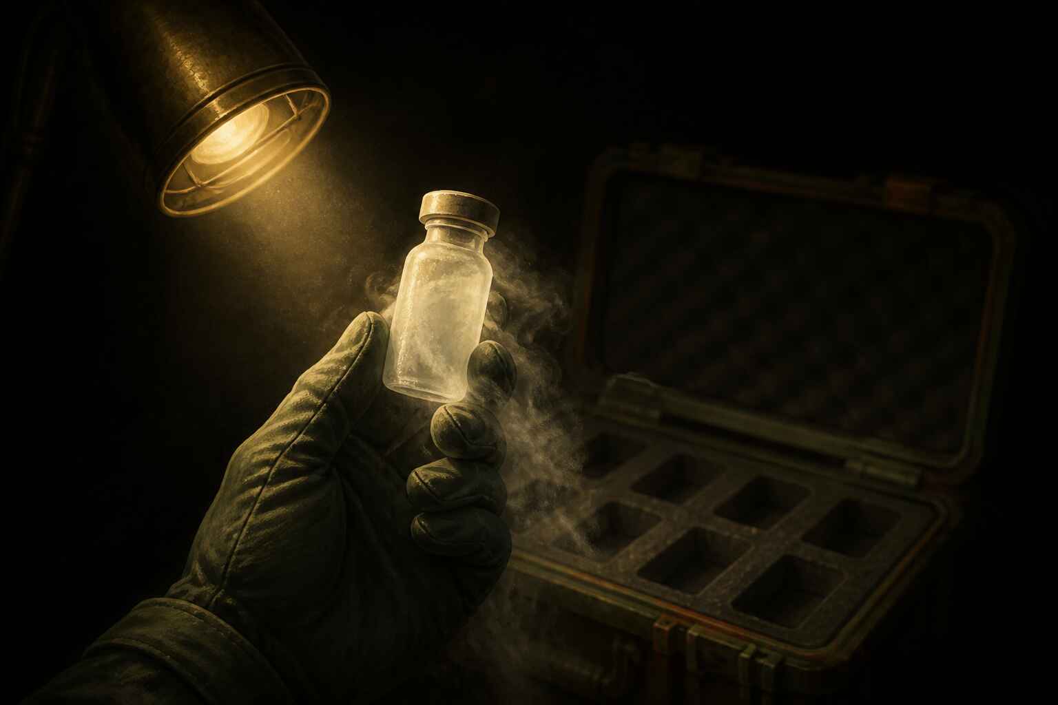 A gloved hand holding a frosted sample vial, cold vapour spilling off the glass.