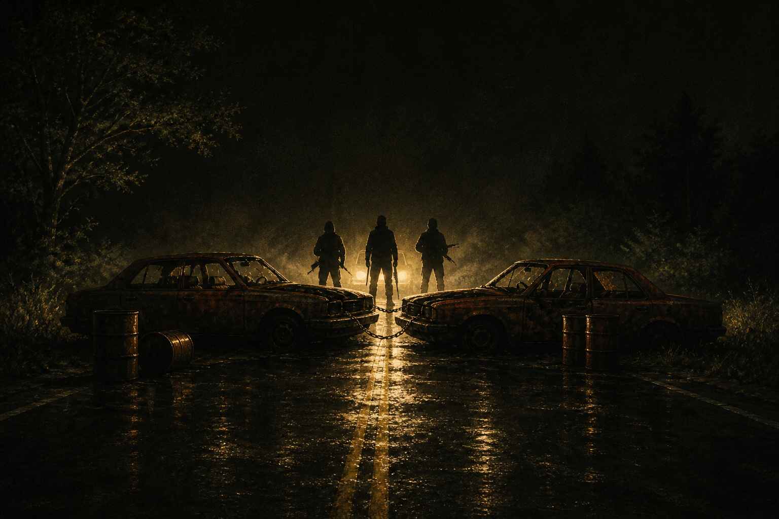 Three silhouetted armed figures standing behind an improvised roadblock of burnt-out cars at night.