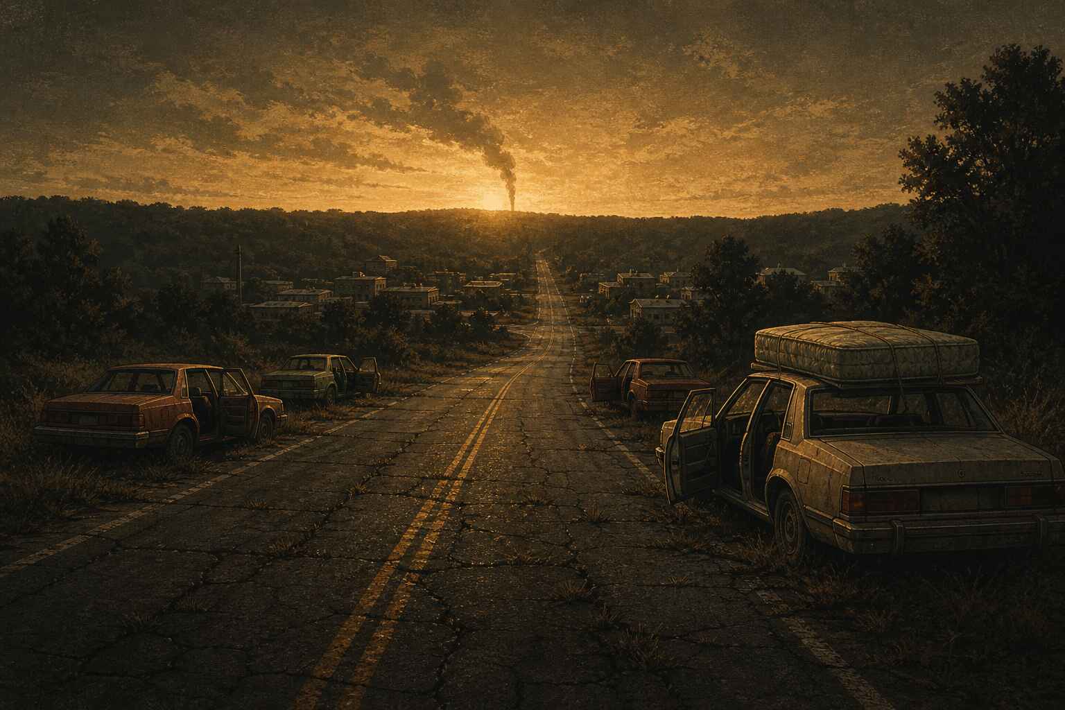 An empty two-lane highway leading out of a small town at dusk, abandoned cars on the shoulder.