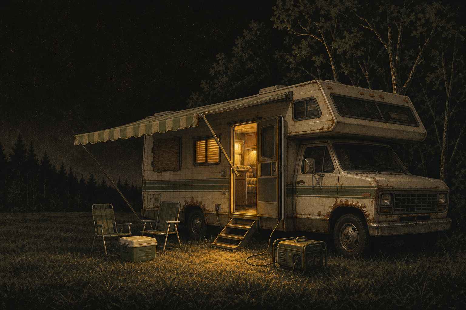 A weathered motorhome parked at a treeline at night, warm light spilling from its open door onto the grass.
