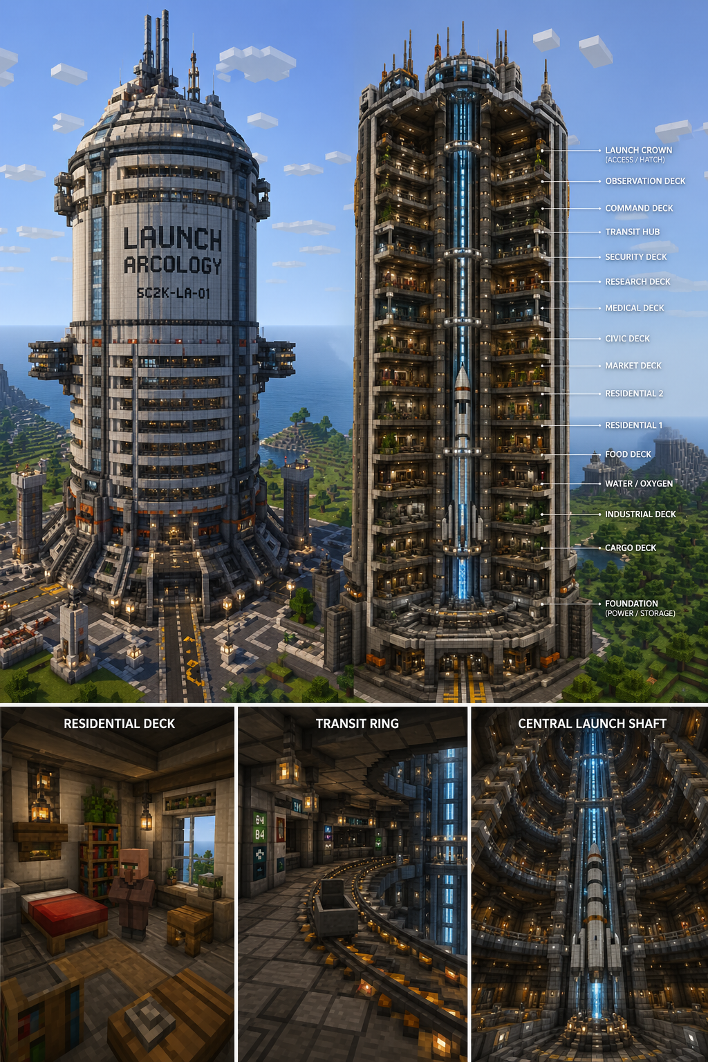 Minecraft style Launch Arcology concept rendering with exterior and cutaway views